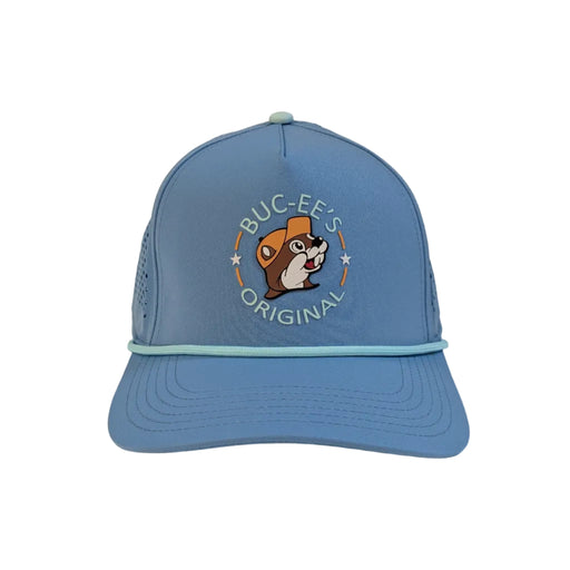 A front-facing view of a structured light blue performance hat. The center features a circular graphic patch with the Buc-ee's beaver mascot wearing an orange cap, surrounded by the words "Buc-ee's Original". A thin, mint green decorative rope sits across the base of the crown.