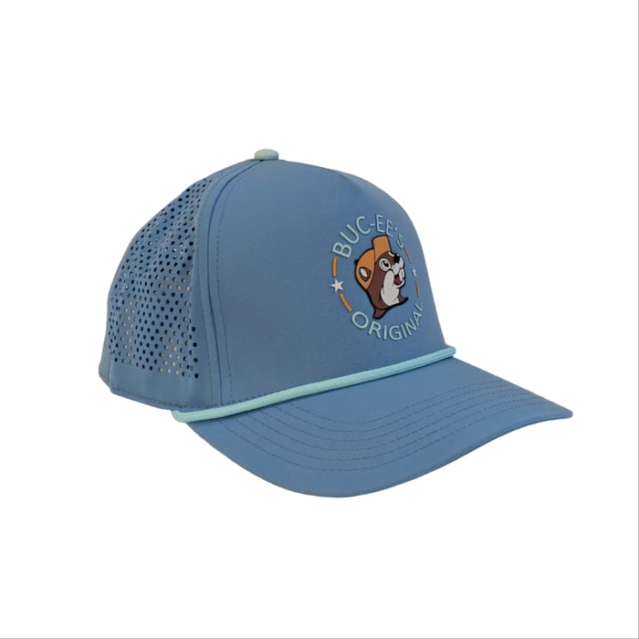 An angled side view of the light blue Buc-ee's performance hat, highlighting the laser-cut ventilation holes running along the side and back panels for breathability.