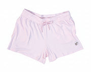 Light pink shorts with a small logo on a white background