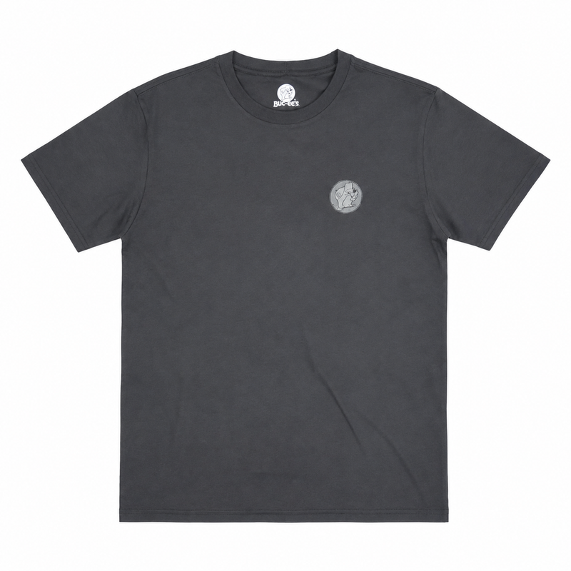 Dark gray short-sleeve Buc-ee's t-shirt with a small gray beaver logo on the left chest.