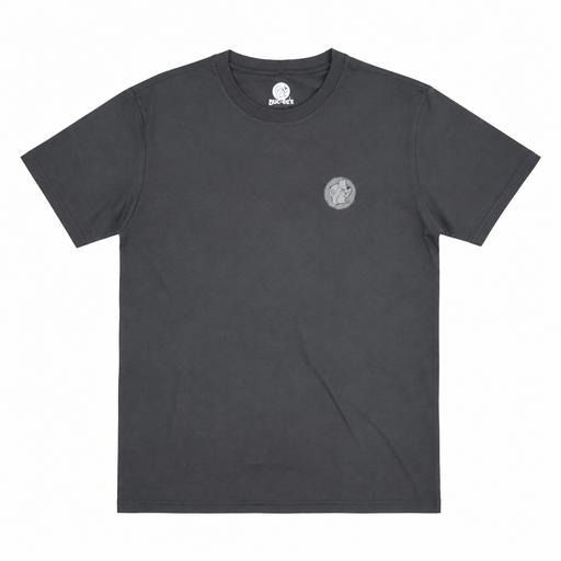Dark gray short-sleeve Buc-ee's t-shirt with a small gray beaver logo on the left chest.
