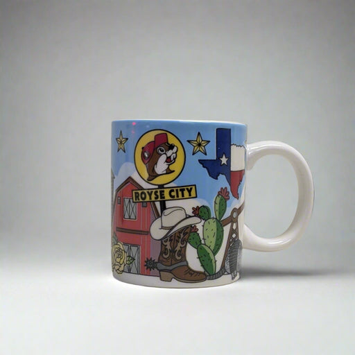 Buc-ee's Location Mug Shot Glass Royse City. With a barn and cowboy boot and hat and cactus. Location name on it with logo. 