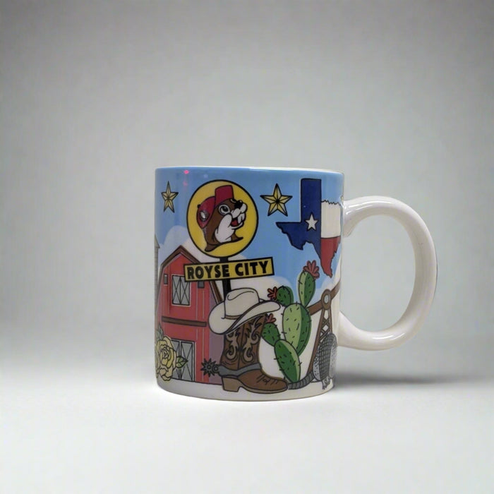 Buc-ee's Location Mug Shot Glass Royse City. With a barn and cowboy boot and hat and cactus. Location name on it with logo. 