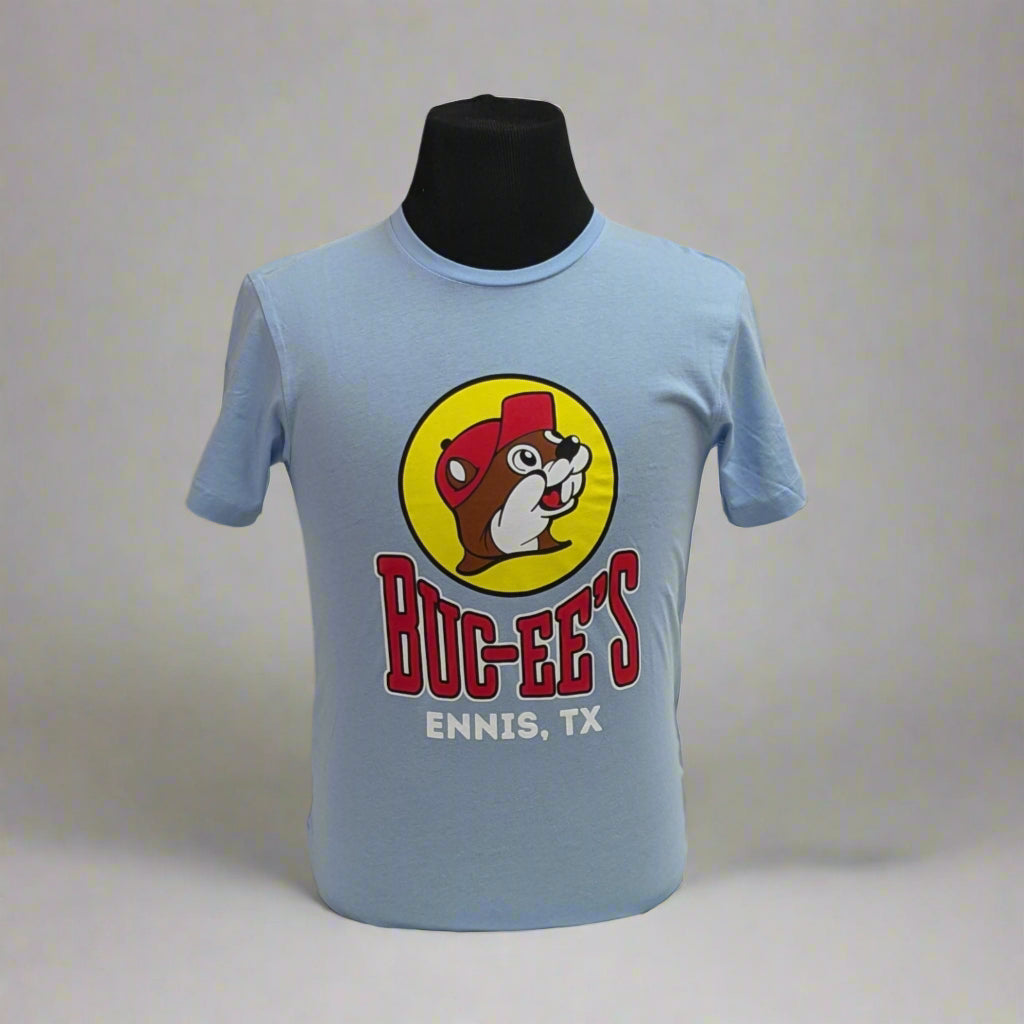 Buc-ee's Location Shirt - Ennis, TX. Light blue with the Buc-ee's logo and Ennis, TX on the front. 