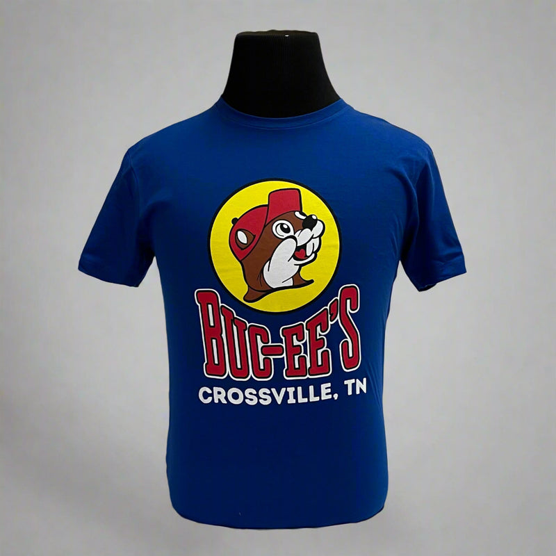 Buc-ee's Location Shirt: Crossville, TN. Blue shirt with Buc-ee's logo and location on the front. 