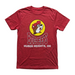 A flat lay product photograph of a red Buc-ee’s t-shirt centered on a clean, solid white background. The shirt features a large yellow circular logo of the Buc-ee's beaver mascot wearing a red hat, with "BUC-EE'S" and "HUBER HEIGHTS, OH" printed in bold red and white letters below the graphic. The shirt is neatly spread out with a classic crew neck and short sleeves.