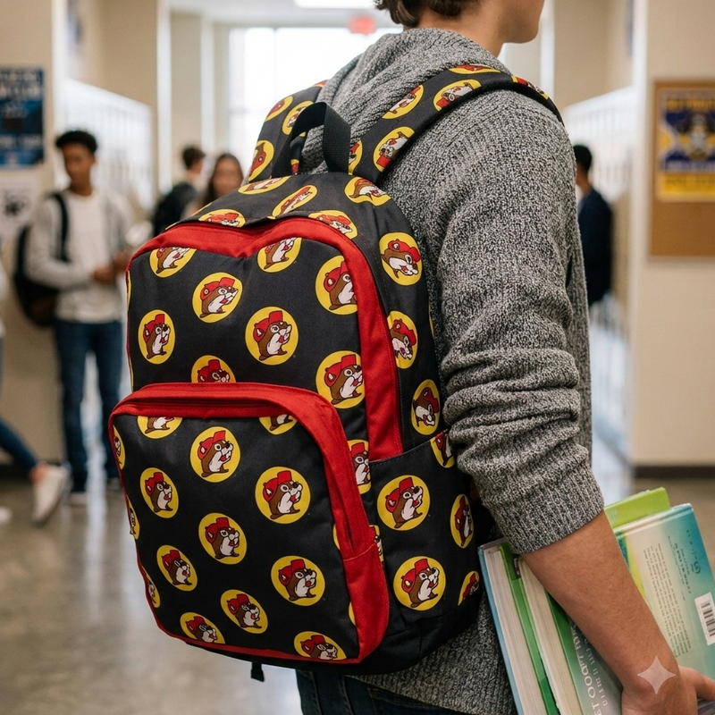 A close-up view of a high school student wearing a black Buc-ee's logo print backpack in a school hallway. A black backpack with an all over repeating pattern of the classic yellow Buc-ee logo. 