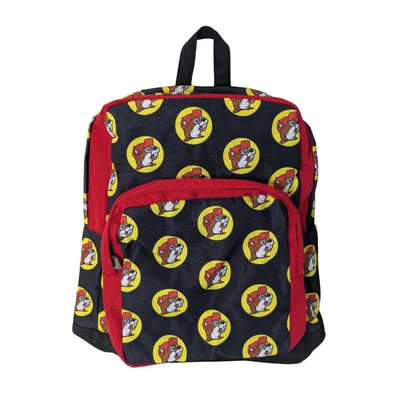 Front view of a 16-inch black canvas backpack featuring an all-over yellow-and-red Buc-ee's beaver logo pattern with red zipper trim and a top handle.