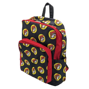 Side-angle view of a 16-inch black Buc-ee's repeating logo backpack displaying the zippered front pouch and side water bottle pocket.