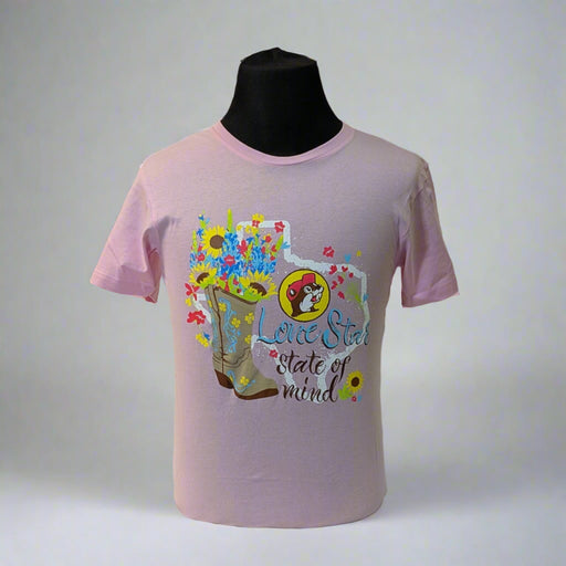 Buc-ee's "Lonestar State of Mind" Shirt. Pink shirt with the outline of the state of Texas with a cowboy boot with colorful flowers coming out of it. 
