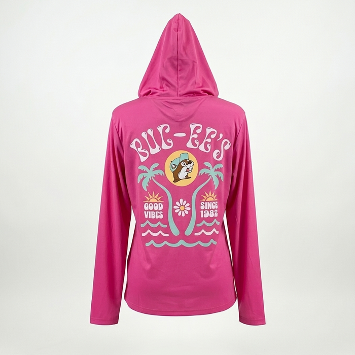 Buc-ee's Long Sleeve Performance Hoodie-Fuschia Back view, white background. 