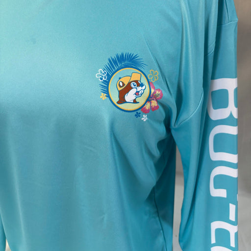 Buc-ee's Long Sleeve Performance Tropical Turquoise Shirt Close up of image.