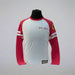 Buc-ee's Long Sleeve Raglan Shirt. Sleeves are red the body is white and it has the logo on the top left sleeve. 