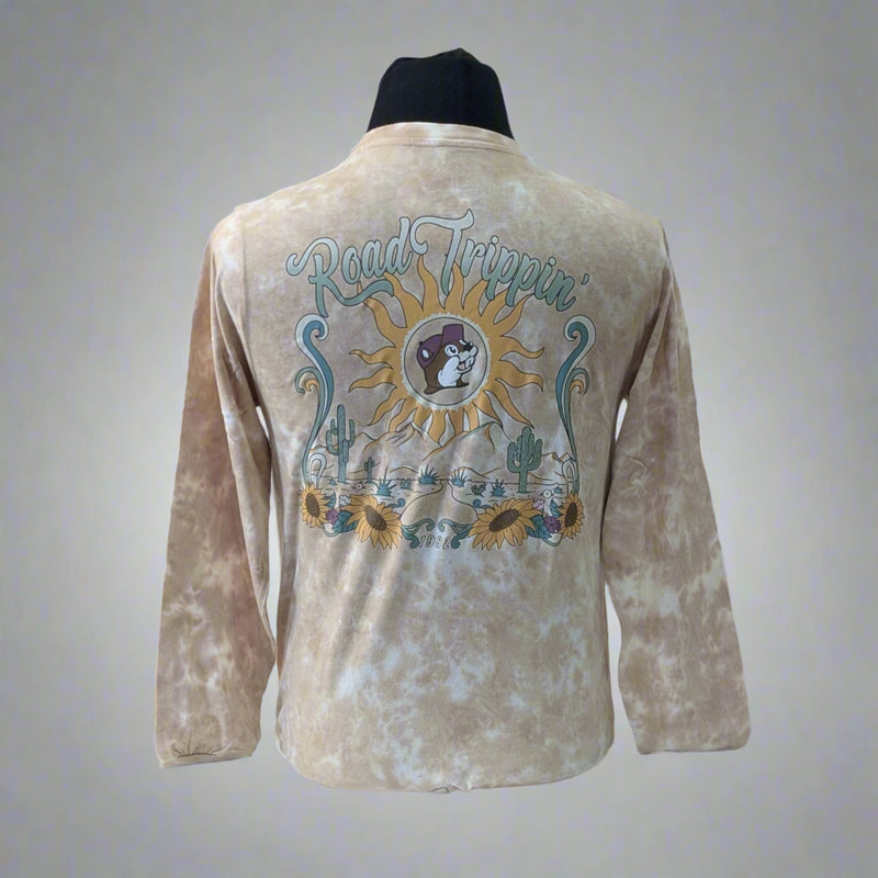 Back view of Buc-ee’s long sleeve shirt featuring large “Road Trippin’ with Buc-ee’s” sunflower graphic