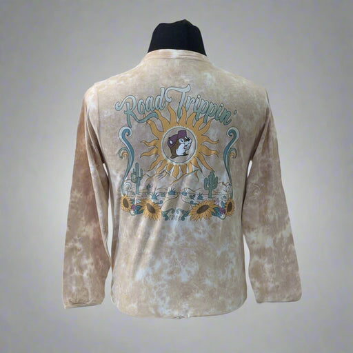 Back view of Buc-ee’s long sleeve shirt featuring large “Road Trippin’ with Buc-ee’s” sunflower graphic