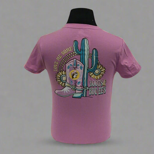 Buc-ee's "Love Me Some Boots & Buc-ee's" Shirt Back. Cacts with a boot and flowers around. Buc-ee's beaver logo on boot. 