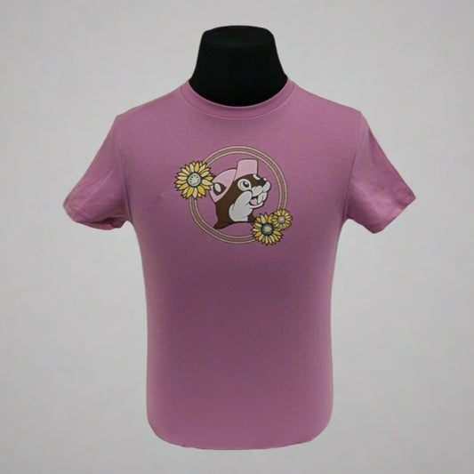 Buc-ee's " Love Me Some Boots & Buc-ee's" Shirt Front. Pink with flowers and Buc-ee beaver. 