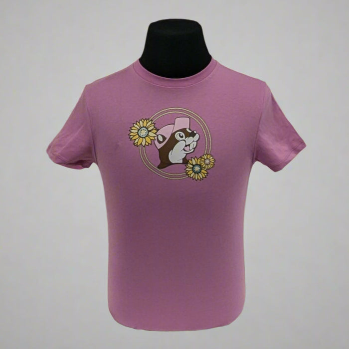 Buc-ee's " Love Me Some Boots & Buc-ee's" Shirt Front. Pink with flowers and Buc-ee beaver. 
