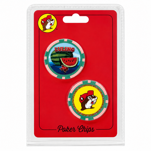 A packaged 2-piece casino-style poker chip set on a red card. The top chip features a whole and sliced watermelon, a red Texas map, and the word "LULING". The bottom chip displays the smiling Buc-ee's beaver mascot on a yellow circle with a sparkling glitter inner ring and green and pink striped edges.