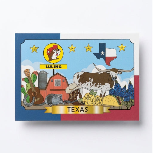 A colorful Texas postcard framed in the Texas state flag colors with a gold banner reading "TEXAS". Illustrated items include a Texas Longhorn steer, an armadillo, a cowboy boot with a hat, a taco, a red barn, a guitar, yellow roses, bluebonnets, a state map, and a yellow Buc-ee's sign reading "LULING".