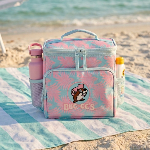 A Buc-ee’s insulated lunch box cooler in a pink and blue palm leaf pattern sitting on a blue and white striped beach towel. The cooler's side mesh pockets hold a solid pink water bottle and a bottle of sunscreen. The background features a soft-focus sunny beach with white sand and turquoise ocean waves.