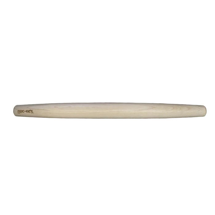 A 20 1/2-inch tapered maple wood French rolling pin with a precision laser-etched Buc-ee’s logo on the left side, shown from a top-down perspective. Displayed on a clean white background.