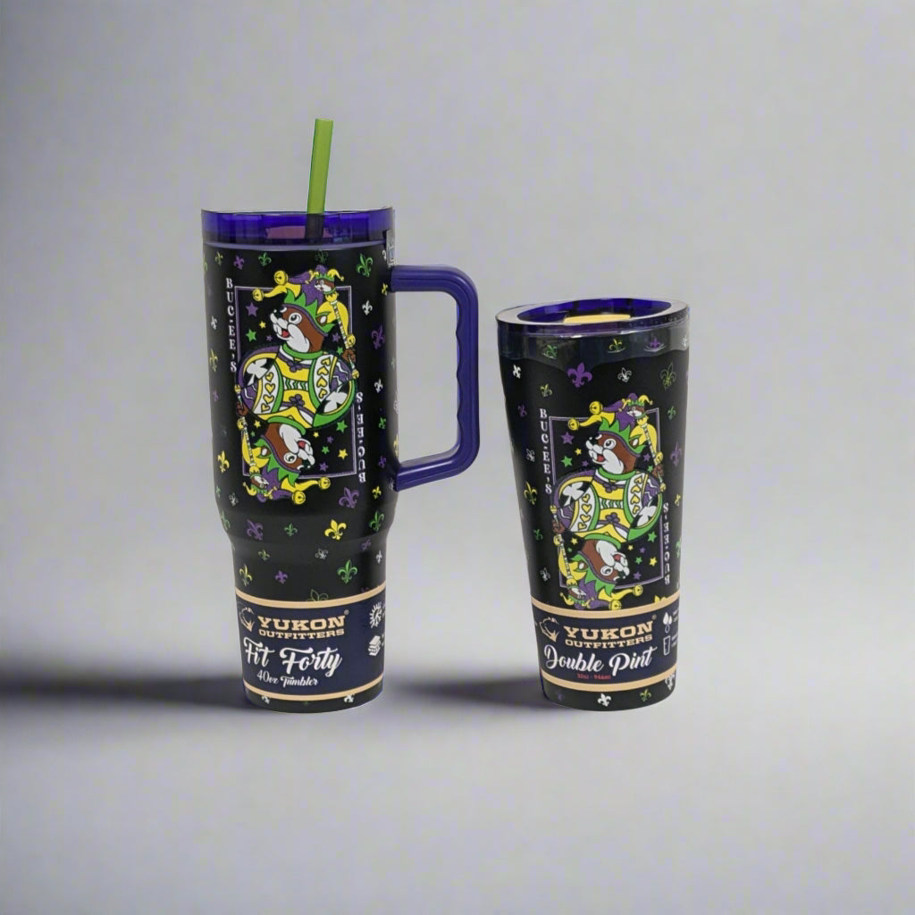 Buc-ee's Mardi Gras 2025 Tumblers are black with purple design with a mardi Buc-ee on the front. 