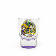 Colorful Mardi Gras shot glass with purple, yellow, and green jester hat and the word Mardi Gras, displayed on a clean white background.