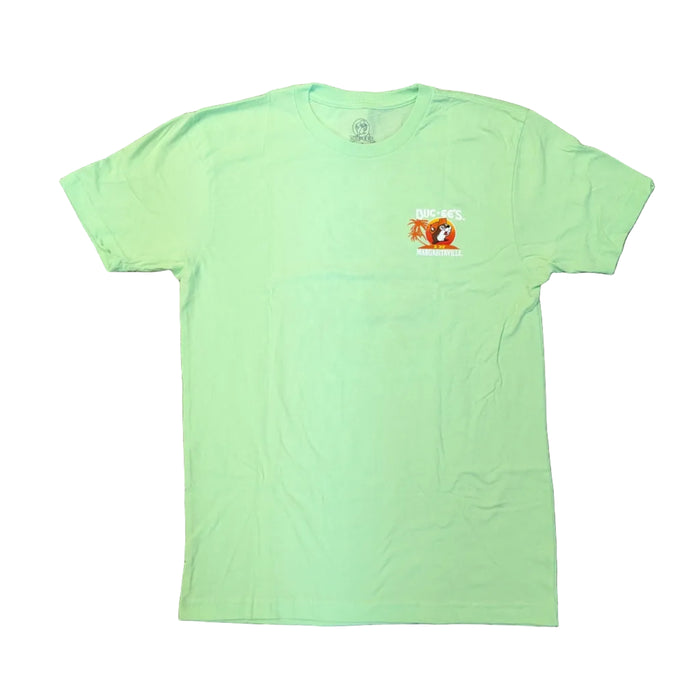 Front view of a lime green short-sleeve crew neck Buc-ee's Margaritaville t-shirt laid flat on a white surface, featuring a small tropical logo on the left chest with Buc-ee the Beaver and palm trees.