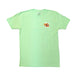 Front view of a lime green short-sleeve crew neck Buc-ee's Margaritaville t-shirt laid flat on a white surface, featuring a small tropical logo on the left chest with Buc-ee the Beaver and palm trees.