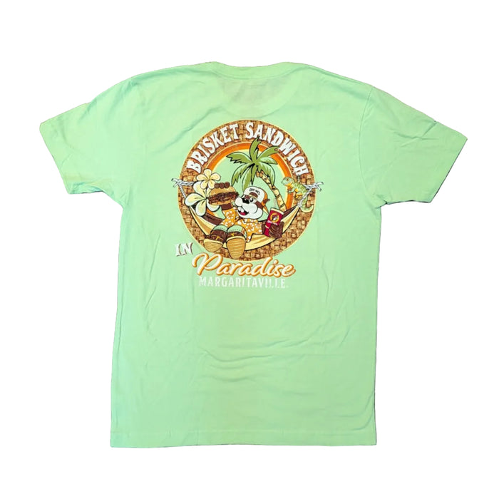 Back view of a lime green Buc-ee's Margaritaville t-shirt laid flat on a white background, showcasing a large circular graphic that reads "Brisket Sandwich in Paradise" with Buc-ee the Beaver relaxing in a hammock eating a brisket sandwich.