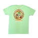 Back view of a lime green Buc-ee's Margaritaville t-shirt laid flat on a white background, showcasing a large circular graphic that reads "Brisket Sandwich in Paradise" with Buc-ee the Beaver relaxing in a hammock eating a brisket sandwich.