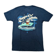 Back view of a navy blue Buc-ee's Margaritaville t-shirt laid flat on a white background, showcasing a large nautical circular graphic that reads "Changes in Latitudes, Changes in Attitudes" with Buc-ee the Beaver wearing a captain's hat on a fishing boat.