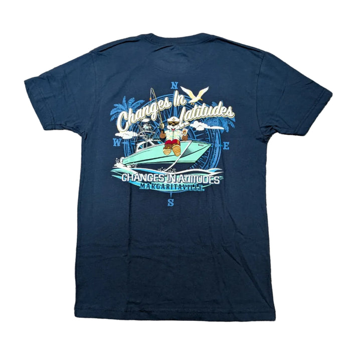 Back view of a navy blue Buc-ee's Margaritaville t-shirt laid flat on a white background, showcasing a large nautical circular graphic that reads "Changes in Latitudes, Changes in Attitudes" with Buc-ee the Beaver wearing a captain's hat on a fishing boat.