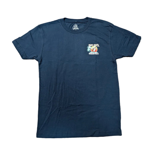 Front view of a navy blue short-sleeve crew neck Buc-ee's Margaritaville t-shirt laid flat on a white background, featuring a small tropical logo on the left chest with Buc-ee the Beaver and palm trees.