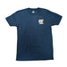 Front view of a navy blue short-sleeve crew neck Buc-ee's Margaritaville t-shirt laid flat on a white background, featuring a small tropical logo on the left chest with Buc-ee the Beaver and palm trees.