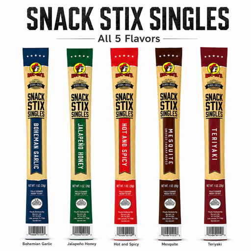 Five single-serve snack sticks shown side by side on a white background under the heading 'SNACK STIX SINGLES' and 'All 5 Flavors.' The packages are labeled Bohemian Garlic, Jalapeño Honey, Hot and Spicy, Mesquite, and Teriyaki.