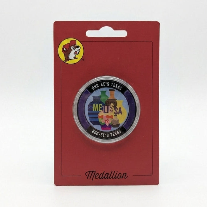 Buc-ee's Melissa Collectible Medallion white classic background.