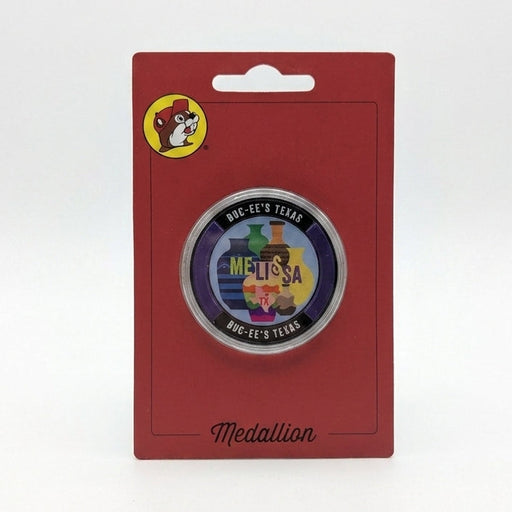 Buc-ee's Melissa Collectible Medallion white classic background.