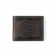 Buc-ee’s Men’s Genuine Leather Aztec Wallet in bifold style, featuring dark brown leather with Aztec-tooled edges and stamped Buc-ee’s logo, displayed on a clean white background.