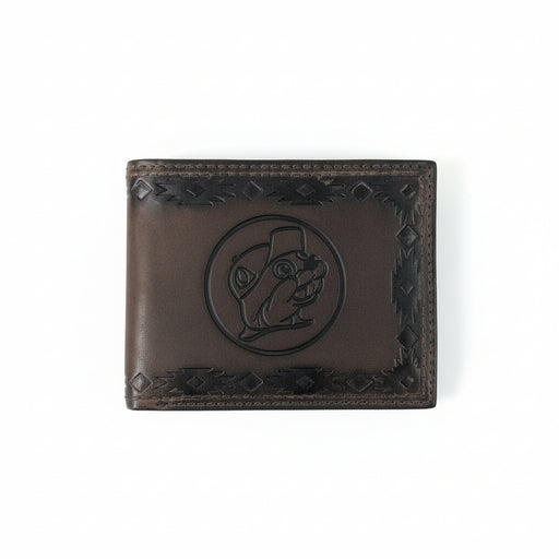 Buc-ee’s Men’s Genuine Leather Aztec Wallet in bifold style, featuring dark brown leather with Aztec-tooled edges and stamped Buc-ee’s logo, displayed on a clean white background.