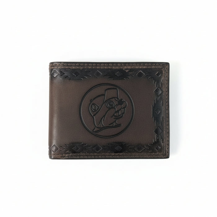Buc-ee’s Men’s Genuine Leather Aztec Wallet in bifold style, featuring dark brown leather with Aztec-tooled edges and stamped Buc-ee’s logo, displayed on a clean white background.