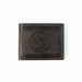 Buc-ee’s Men’s Genuine Leather Aztec Wallet in bifold style, featuring dark brown leather with Aztec-tooled edges and stamped Buc-ee’s logo, displayed on a clean white background.