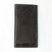 Buc-ee’s Men’s Genuine Leather Aztec Wallet in checkbook style, featuring dark brown leather with Aztec-tooled edges and stamped Buc-ee’s logo