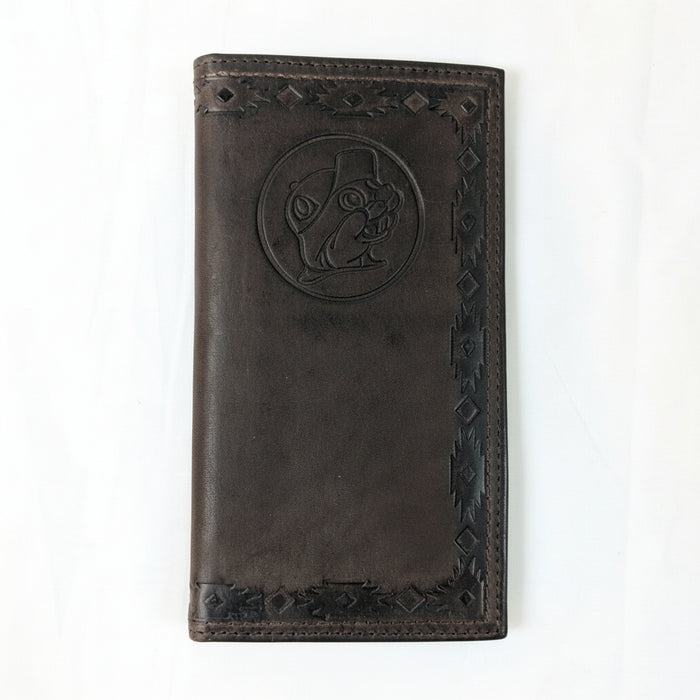Buc-ee’s Men’s Genuine Leather Aztec Wallet in checkbook style, featuring dark brown leather with Aztec-tooled edges and stamped Buc-ee’s logo