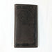 Buc-ee’s Men’s Genuine Leather Aztec Wallet in checkbook style, featuring dark brown leather with Aztec-tooled edges and stamped Buc-ee’s logo