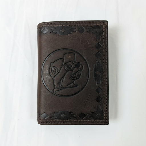 Brown Buc-ee's Aztec leather trifold wallet with embossed Buc-ee the Beaver logo