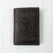 Buc-ee’s Men’s Genuine Leather Aztec Wallet in trifold style, featuring dark brown leather with Aztec-tooled edges and stamped Buc-ee’s logo, displayed on a clean white background.