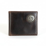 Buc-ee’s Men’s Genuine Leather Wallets in bifold style featuring a metal Buc-ee’s concho emblem, displayed on a clean white background.
