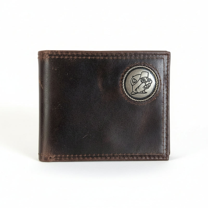 Buc-ee’s Men’s Genuine Leather Wallets in bifold style featuring a metal Buc-ee’s concho emblem, displayed on a clean white background.